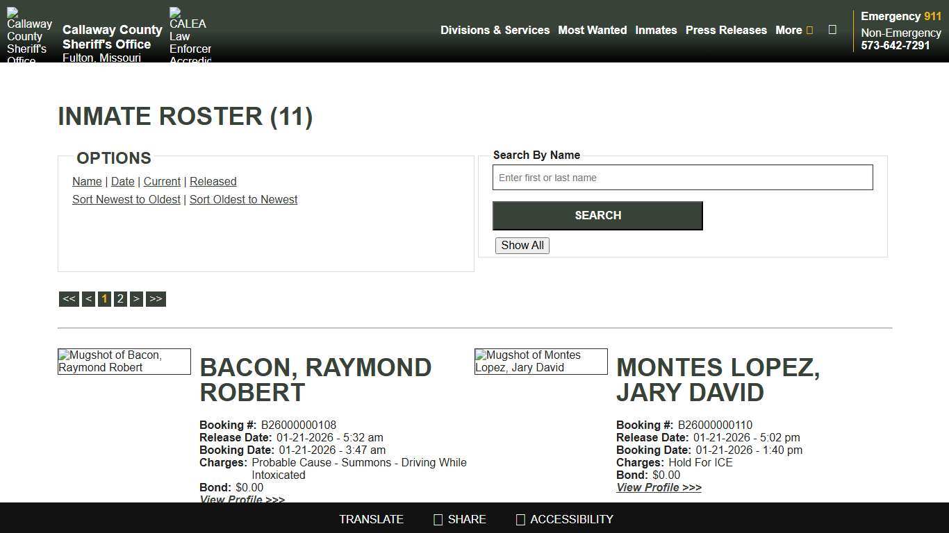 Inmate Roster - Released Inmates Booking Date Ascending - Callaway County Sheriff's Office, Missouri